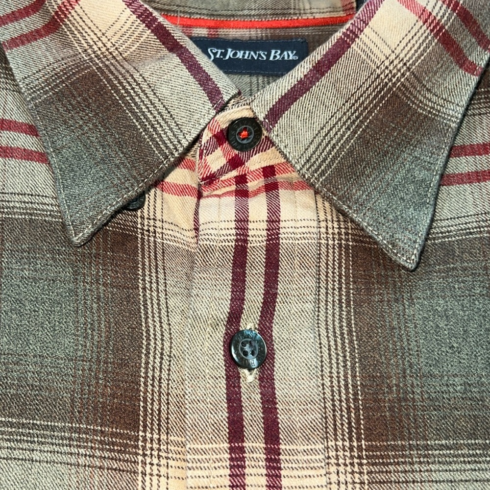 St. John’s Bay • Long Sleeve 100% Cotton Checkered Shirt • Maroon Stripes • EUC